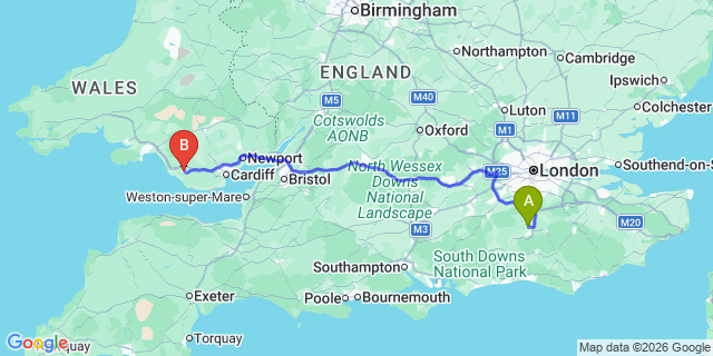 Map: London Gatwick Airport (LGW) to Bridgend
