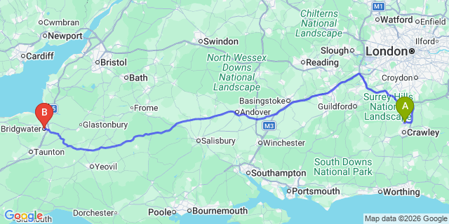 Map: London Gatwick Airport (LGW) to Bridgwater