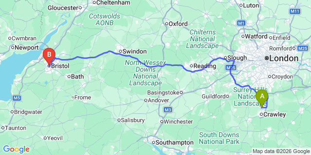 Map: London Gatwick Airport (LGW) to Bristol