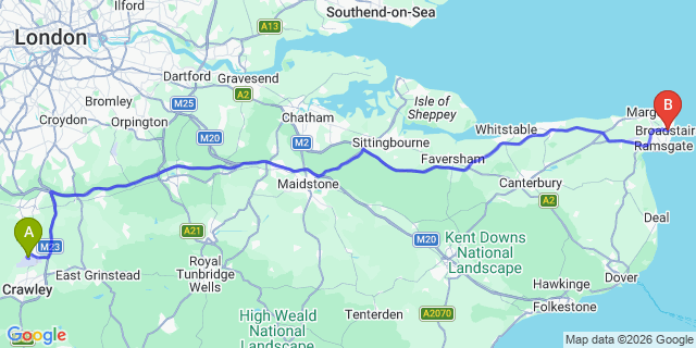 Map: London Gatwick Airport (LGW) to Broadstairs