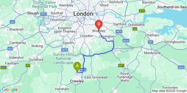Map: London Gatwick Airport (LGW) to Bromley