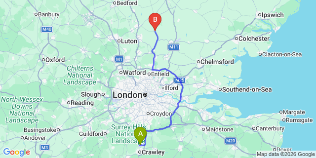 Map: London Gatwick Airport (LGW) to Buntingford