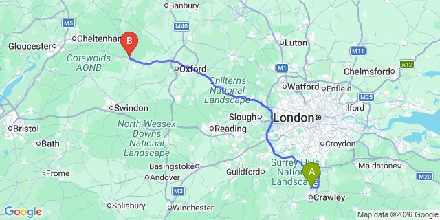 Map: London Gatwick Airport (LGW) to Burford