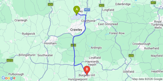 Map: London Gatwick Airport (LGW) to Burgess Hill