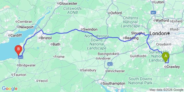Map: London Gatwick Airport (LGW) to Burnham-On-Sea