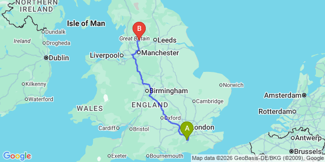 Map: London Gatwick Airport (LGW) to Burnley
