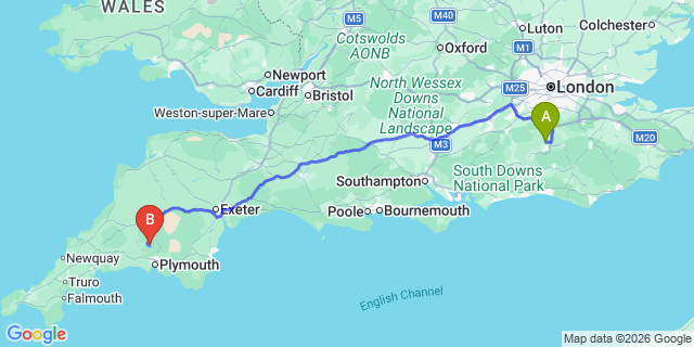 Map: London Gatwick Airport (LGW) to Calstock