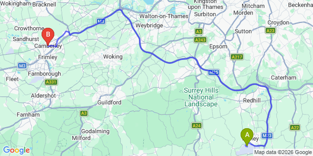 Map: London Gatwick Airport (LGW) to Camberley