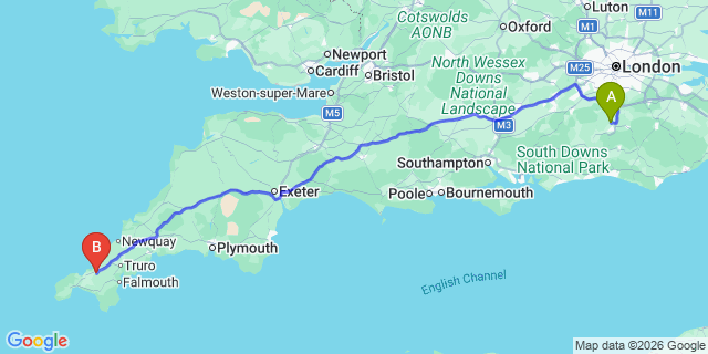 Map: London Gatwick Airport (LGW) to Camborne