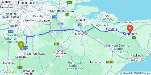 Map: London Gatwick Airport (LGW) to Canterbury