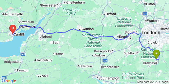 Map: London Gatwick Airport (LGW) to Cardiff