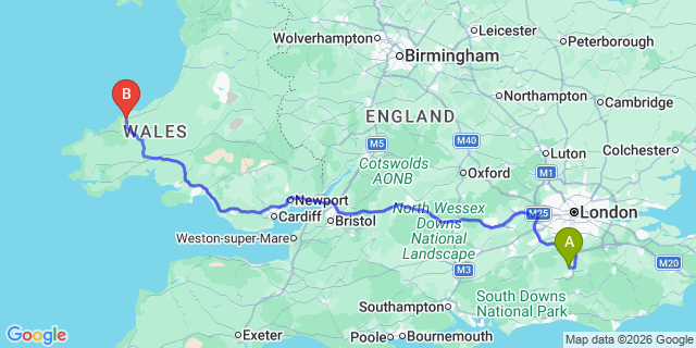 Map: London Gatwick Airport (LGW) to Cardigan