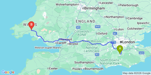 Map: London Gatwick Airport (LGW) to Carmarthen