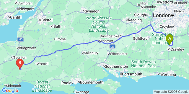 Map: London Gatwick Airport (LGW) to Chard