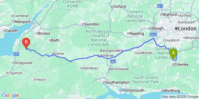 Map: London Gatwick Airport (LGW) to Cheddar