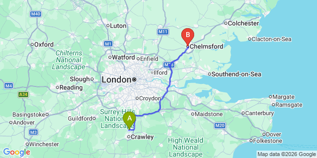 Map: London Gatwick Airport (LGW) to Chelmsford