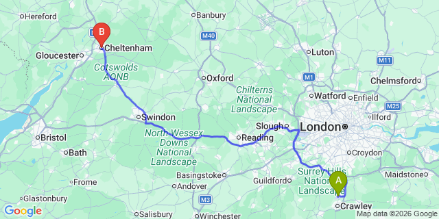 Map: London Gatwick Airport (LGW) to Cheltenham
