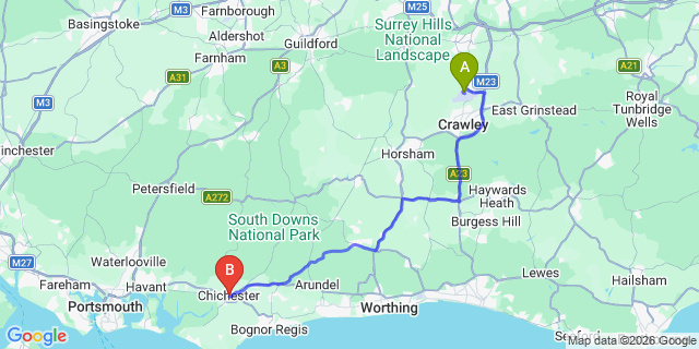 Map: London Gatwick Airport (LGW) to Chichester