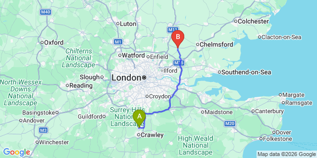 Map: London Gatwick Airport (LGW) to Chipping Ongar