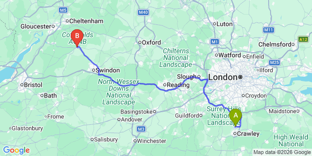 Map: London Gatwick Airport (LGW) to Cirencester