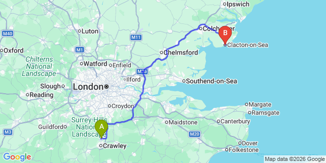 Map: London Gatwick Airport (LGW) to Clacton-On-Sea
