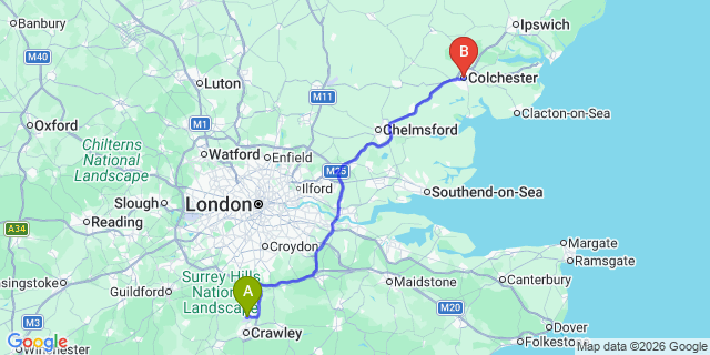 Map: London Gatwick Airport (LGW) to Colchester