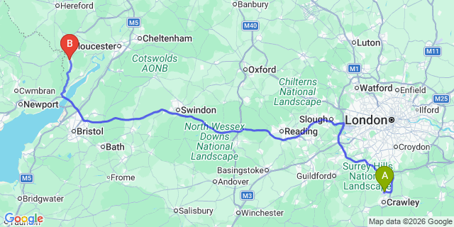 Map: London Gatwick Airport (LGW) to Coleford