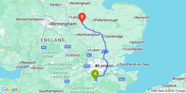 Map: London Gatwick Airport (LGW) to Corby