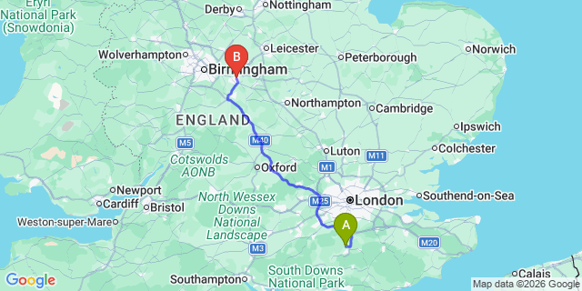 Map: London Gatwick Airport (LGW) to Coventry
