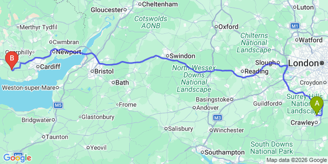 Map: London Gatwick Airport (LGW) to Cowbridge