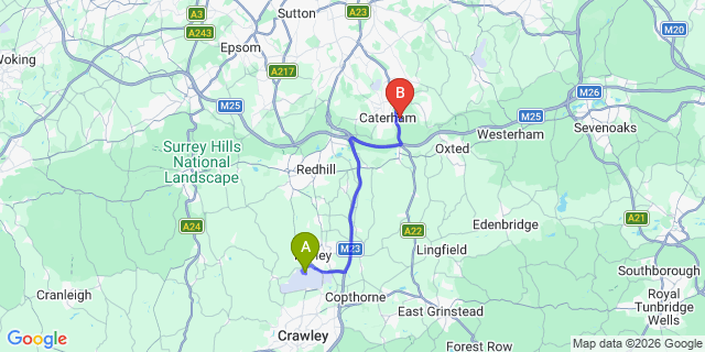 Map: London Gatwick Airport (LGW) to CR3 Caterham
