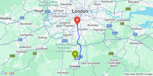 Map: London Gatwick Airport (LGW) to CR4 Mitcham
