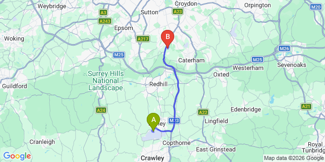 Map: London Gatwick Airport (LGW) to CR5 Coulsdon