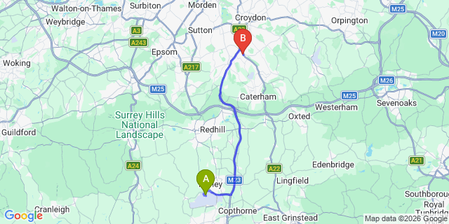Map: London Gatwick Airport (LGW) to CR8 Purley