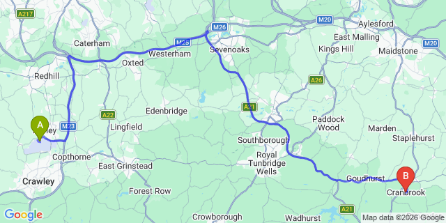 Map: London Gatwick Airport (LGW) to Cranbrook
