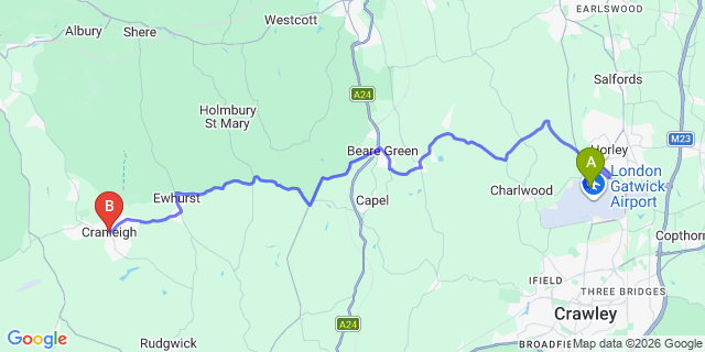 Map: London Gatwick Airport (LGW) to Cranleigh