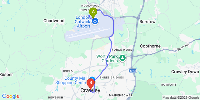 Map: London Gatwick Airport (LGW) to Crawley