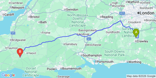 Map: London Gatwick Airport (LGW) to Crewkerne