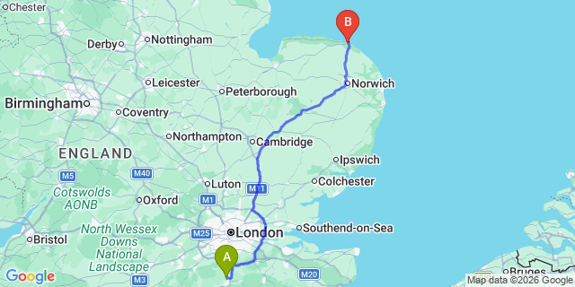 Map: London Gatwick Airport (LGW) to Cromer