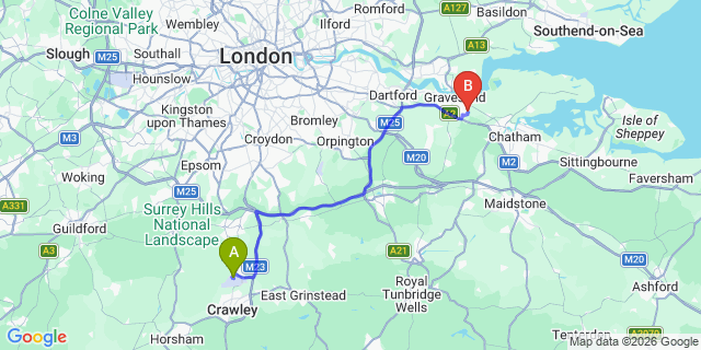Map: London Gatwick Airport (LGW) to DA12 Gravesend