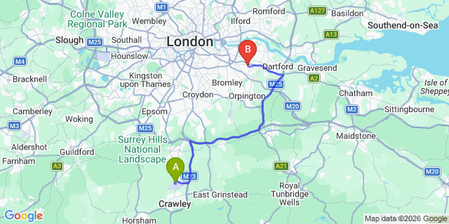 Map: London Gatwick Airport (LGW) to DA15 Sidcup