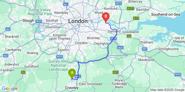 Map: London Gatwick Airport (LGW) to DA18 Erith