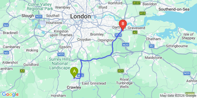 Map: London Gatwick Airport (LGW) to DA2 Dartford