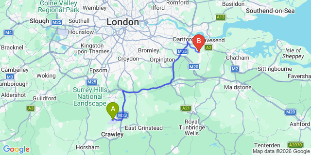 Map: London Gatwick Airport (LGW) to DA3 Longfield