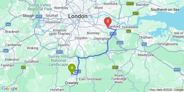 Map: London Gatwick Airport (LGW) to DA5 Bexley