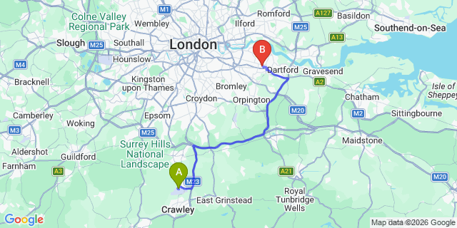 Map: London Gatwick Airport (LGW) to DA6 Bexleyheath