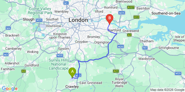 Map: London Gatwick Airport (LGW) to DA8 Eirth