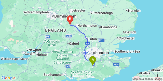 Map: London Gatwick Airport (LGW) to Daventry