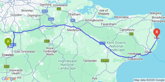 Map: London Gatwick Airport (LGW) to Deal
