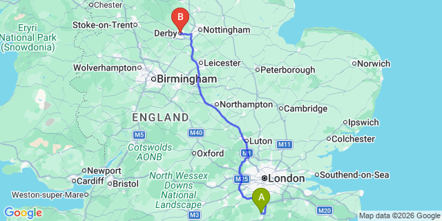 Map: London Gatwick Airport (LGW) to Derby